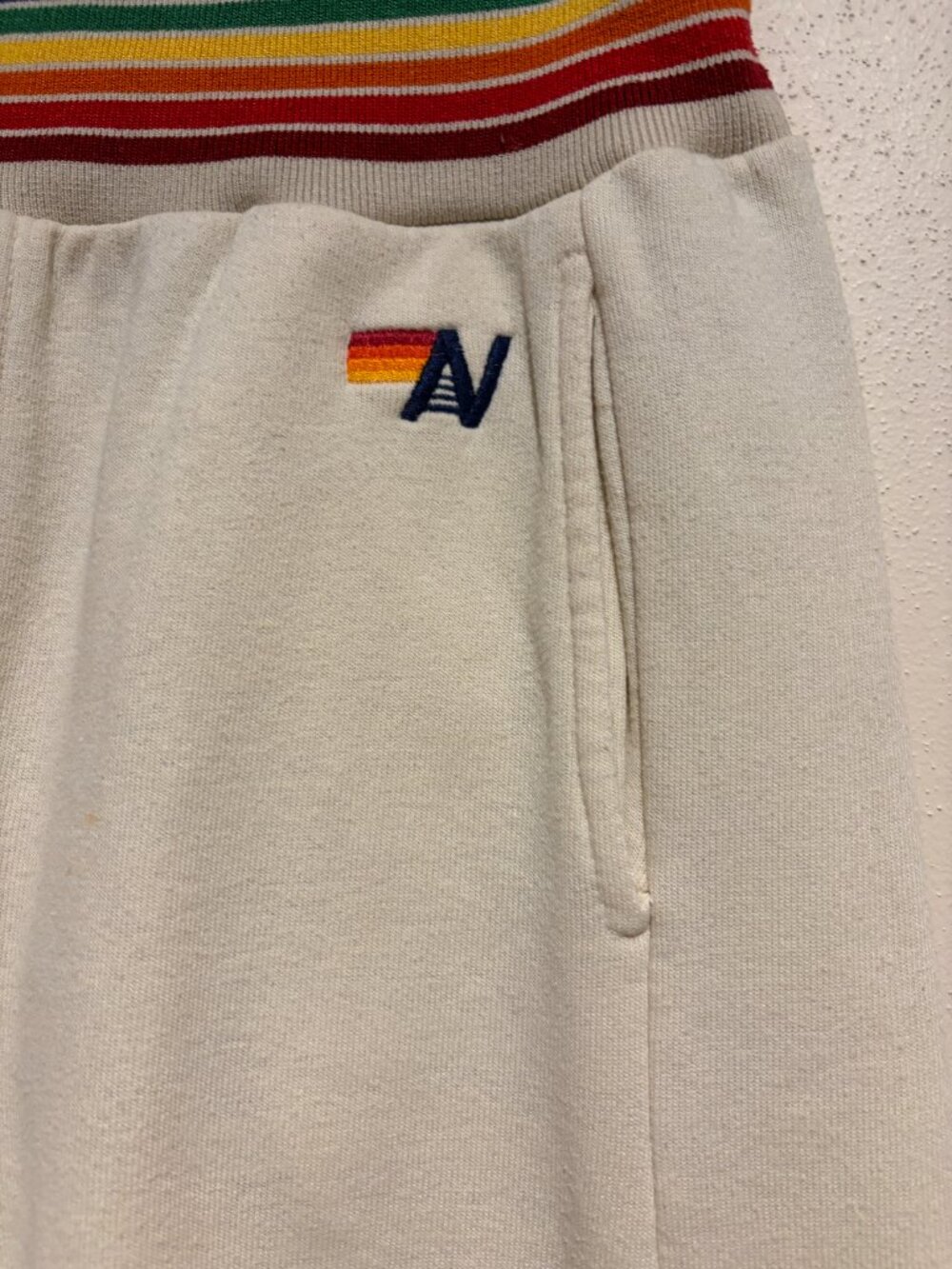 Aviator Nation Joggers Sweatpants Cream Rainbow Stripe Ribbed Trim - Picture 4 of 15
